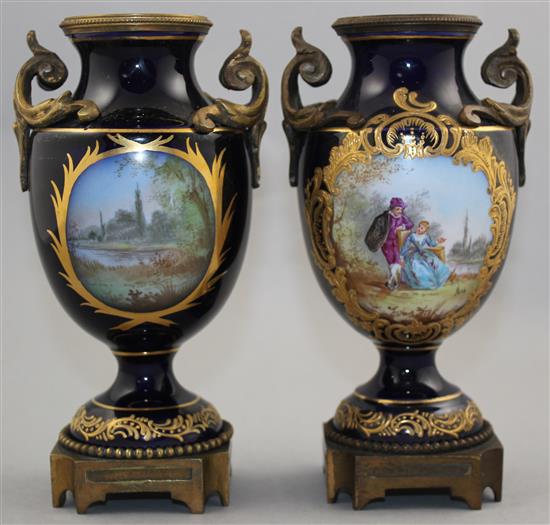 A pair of Sevres style ormolu mounted cobalt vases, late 19th century, 18.5cm
